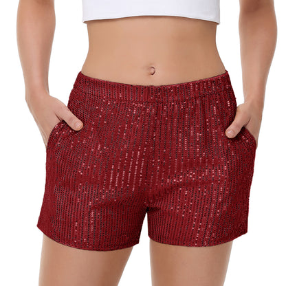 Anna-Kaci Women's Sparkly Sequin Shorts Elastic Waist Summer Straight Leg Glitter Party Shorts