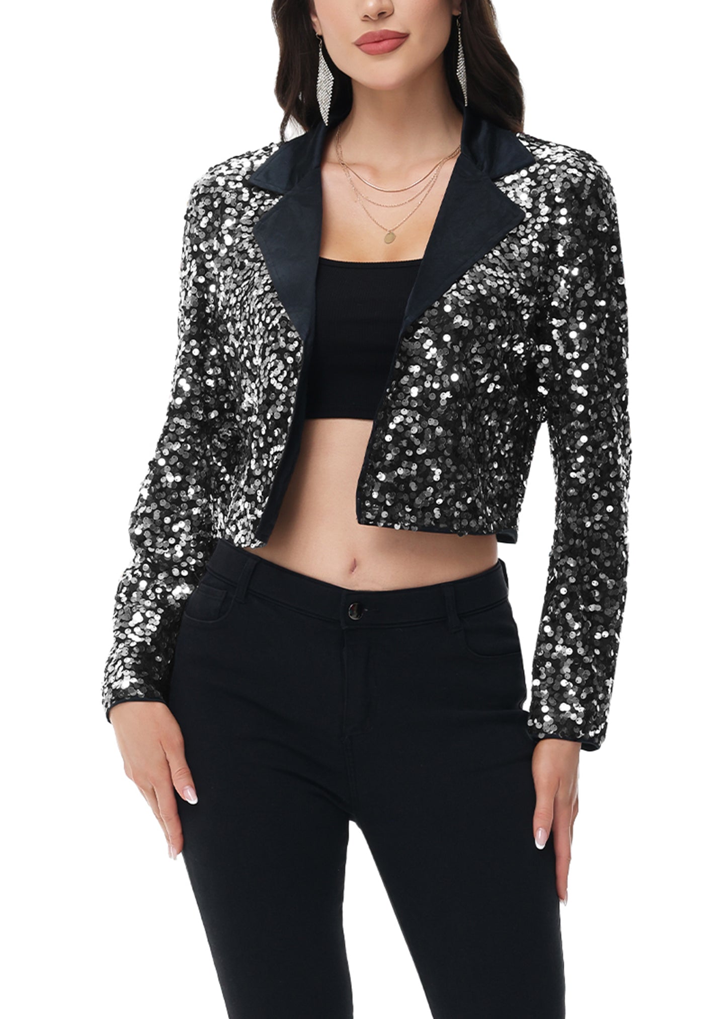 Anna-Kaci Women's Sparkly Crop Sequin Blazer Jacket Long Sleeve Party Club Cardigan Out