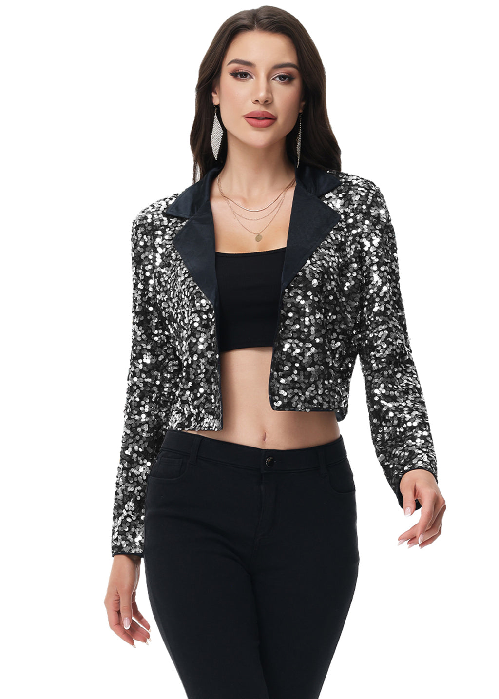 Anna-Kaci Women's Sparkly Crop Sequin Blazer Jacket Long Sleeve Party Club Cardigan Out