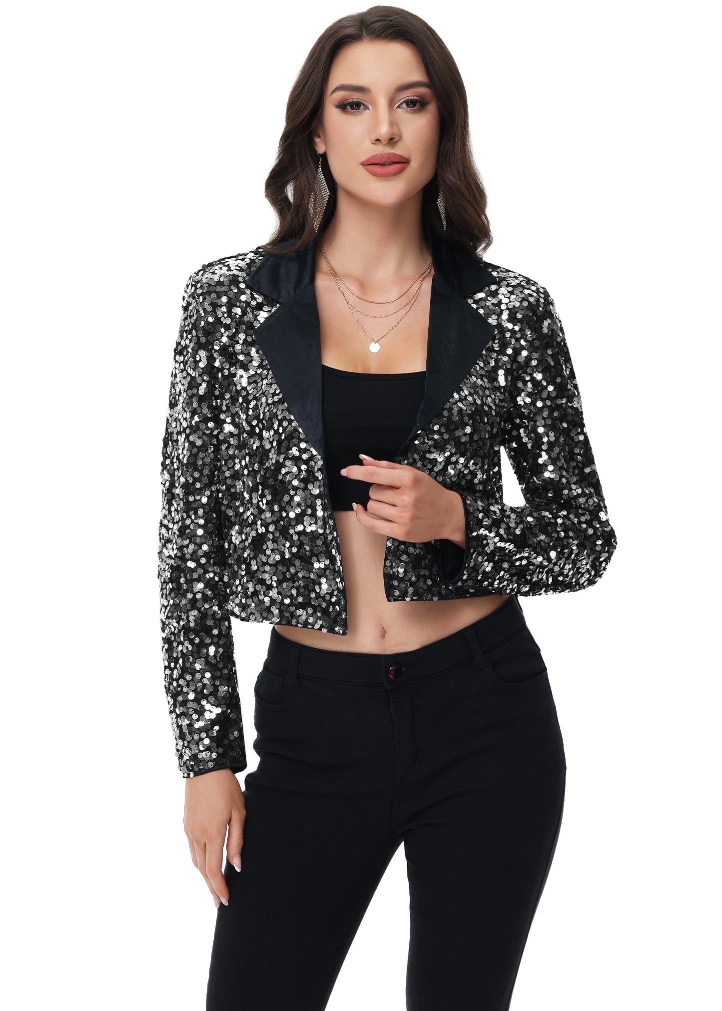 Anna-Kaci Women's Sparkly Crop Sequin Blazer Jacket Long Sleeve Party Club Cardigan Out