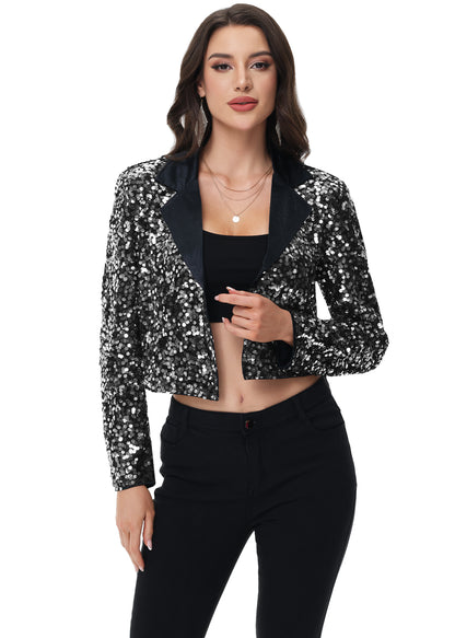 Anna-Kaci Women's Sparkly Crop Sequin Blazer Jacket Long Sleeve Party Club Cardigan Out