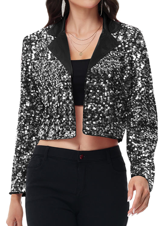 Anna-Kaci Women's Sparkly Crop Sequin Blazer Jacket Long Sleeve Party Club Cardigan Out