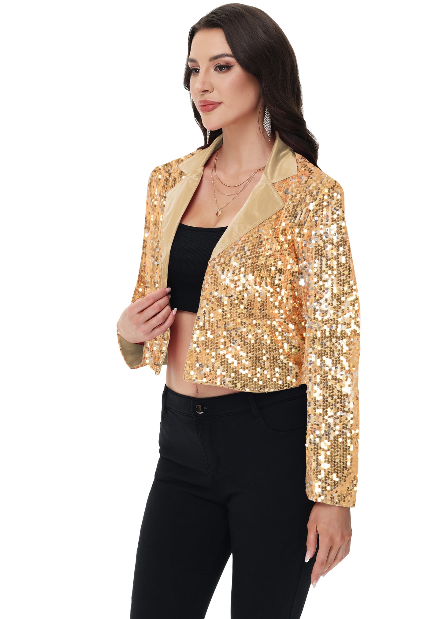 Anna-Kaci Women's Sparkly Crop Sequin Blazer Jacket Long Sleeve Party Club Cardigan Out