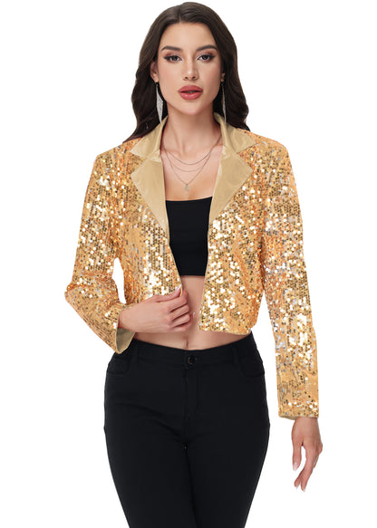 Anna-Kaci Women's Sparkly Crop Sequin Blazer Jacket Long Sleeve Party Club Cardigan Out