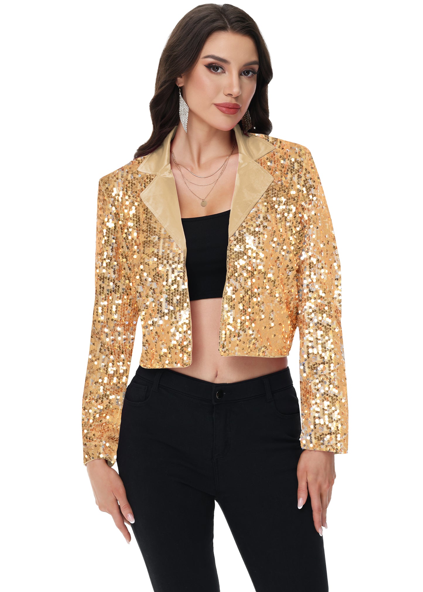 Anna-Kaci Women's Sparkly Crop Sequin Blazer Jacket Long Sleeve Party Club Cardigan Out