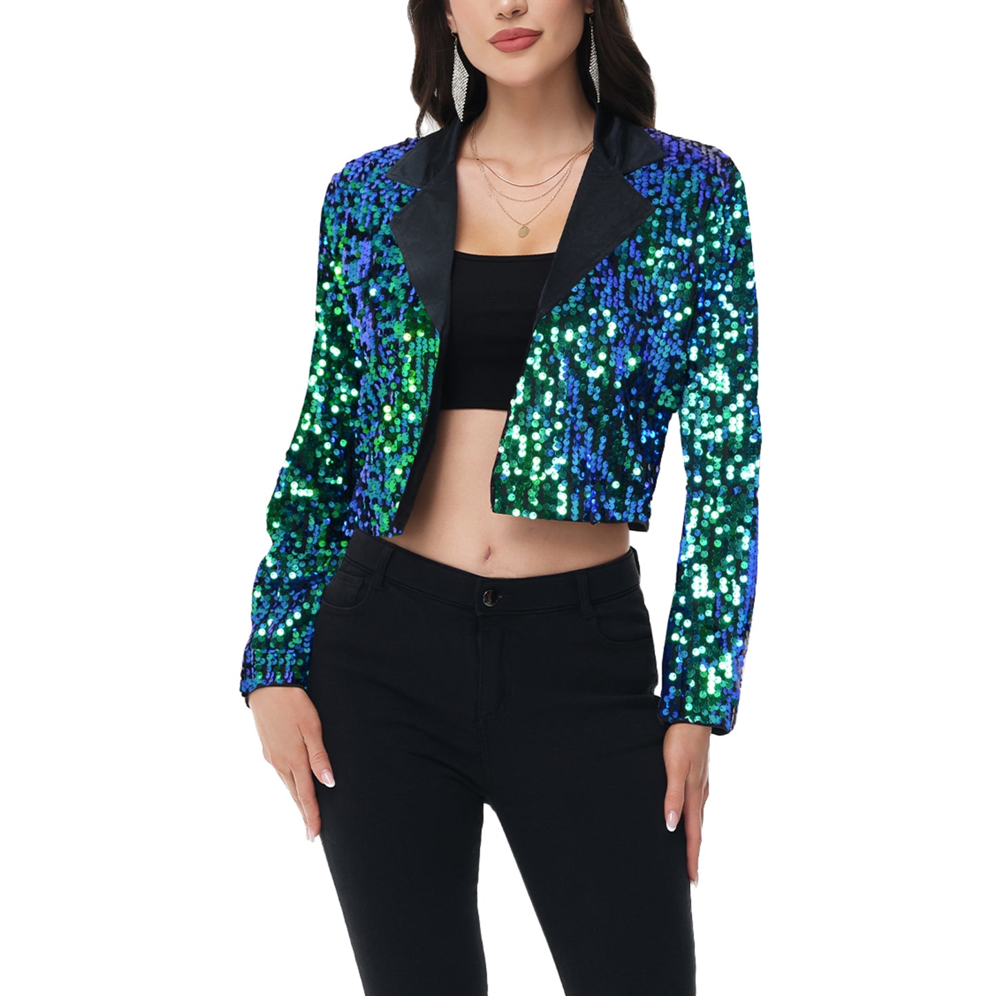 Anna-Kaci Women's Sparkly Crop Sequin Blazer Jacket Long Sleeve Party Club Cardigan Out