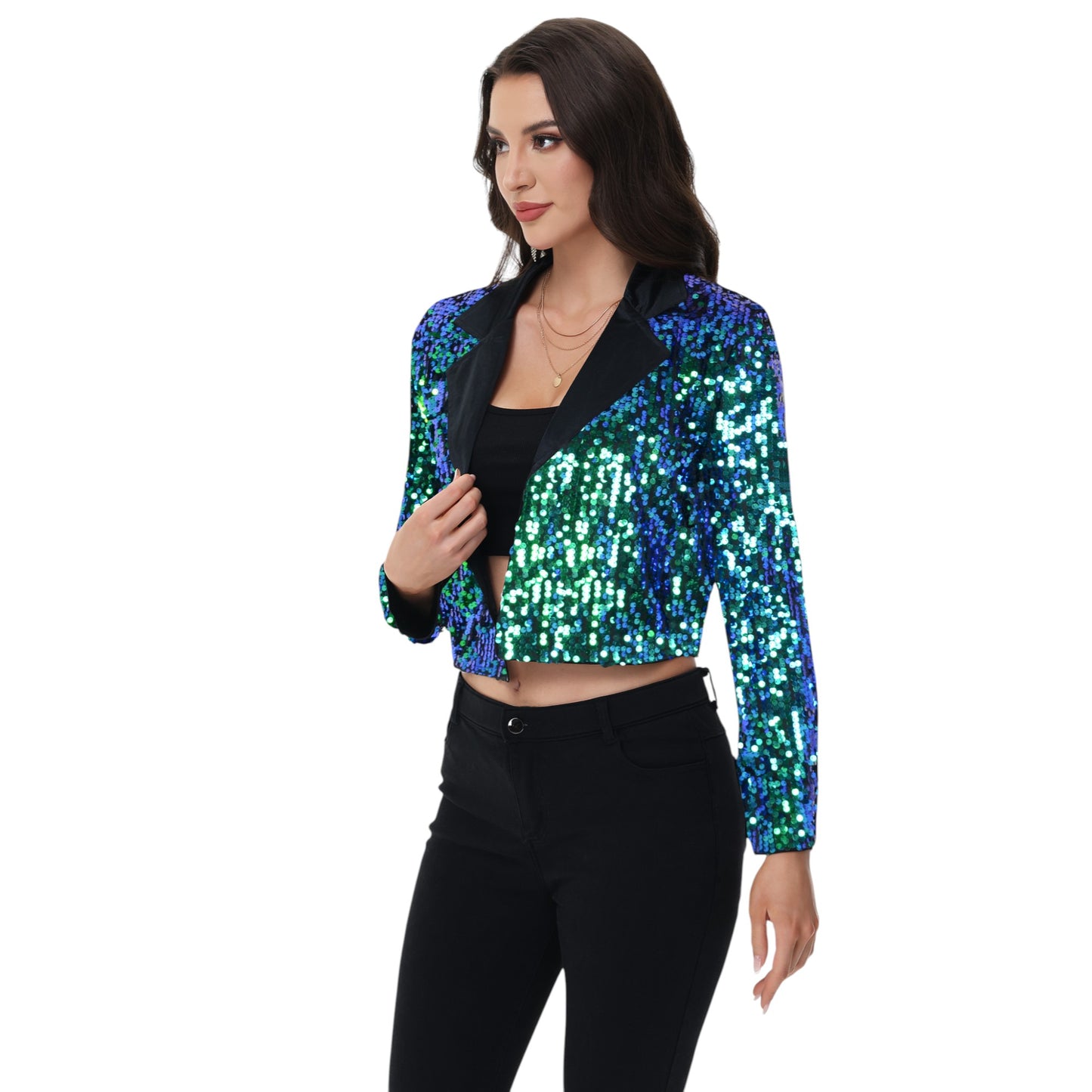 Anna-Kaci Women's Sparkly Crop Sequin Blazer Jacket Long Sleeve Party Club Cardigan Out