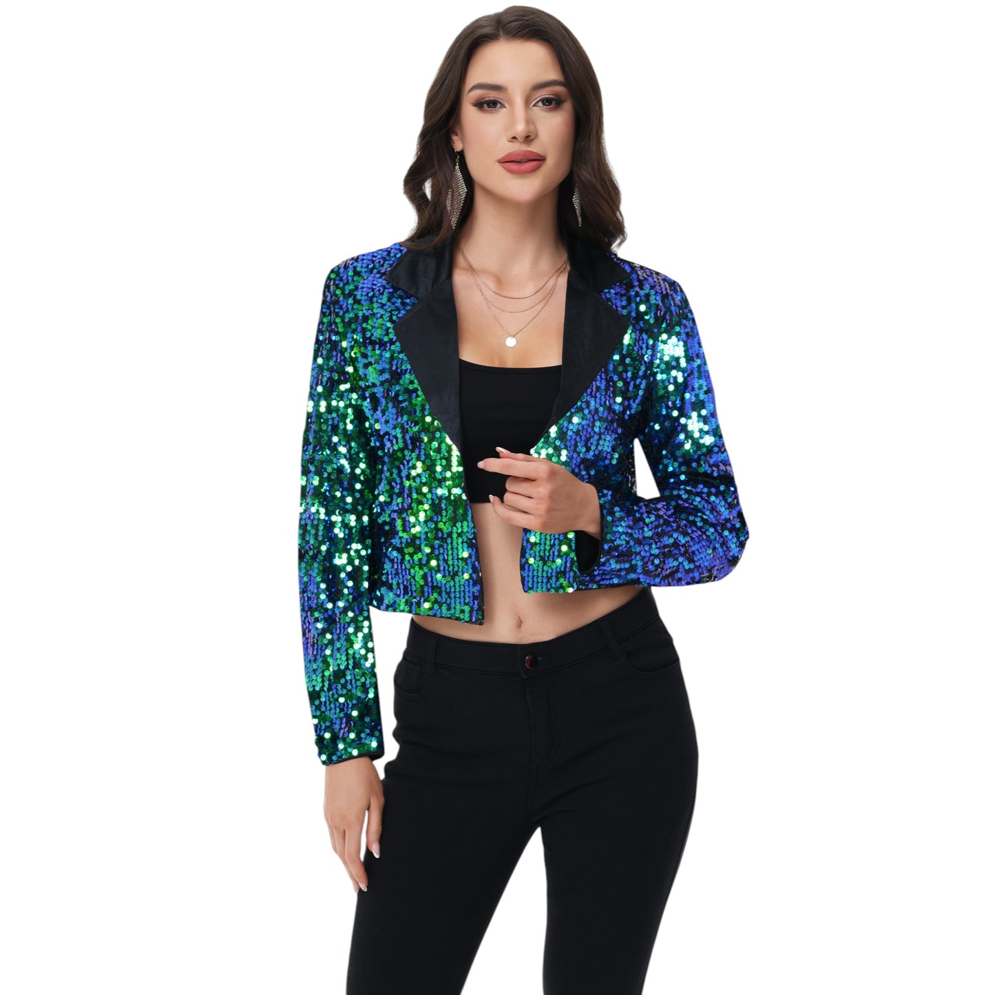 Anna-Kaci Women's Sparkly Crop Sequin Blazer Jacket Long Sleeve Party Club Cardigan Out