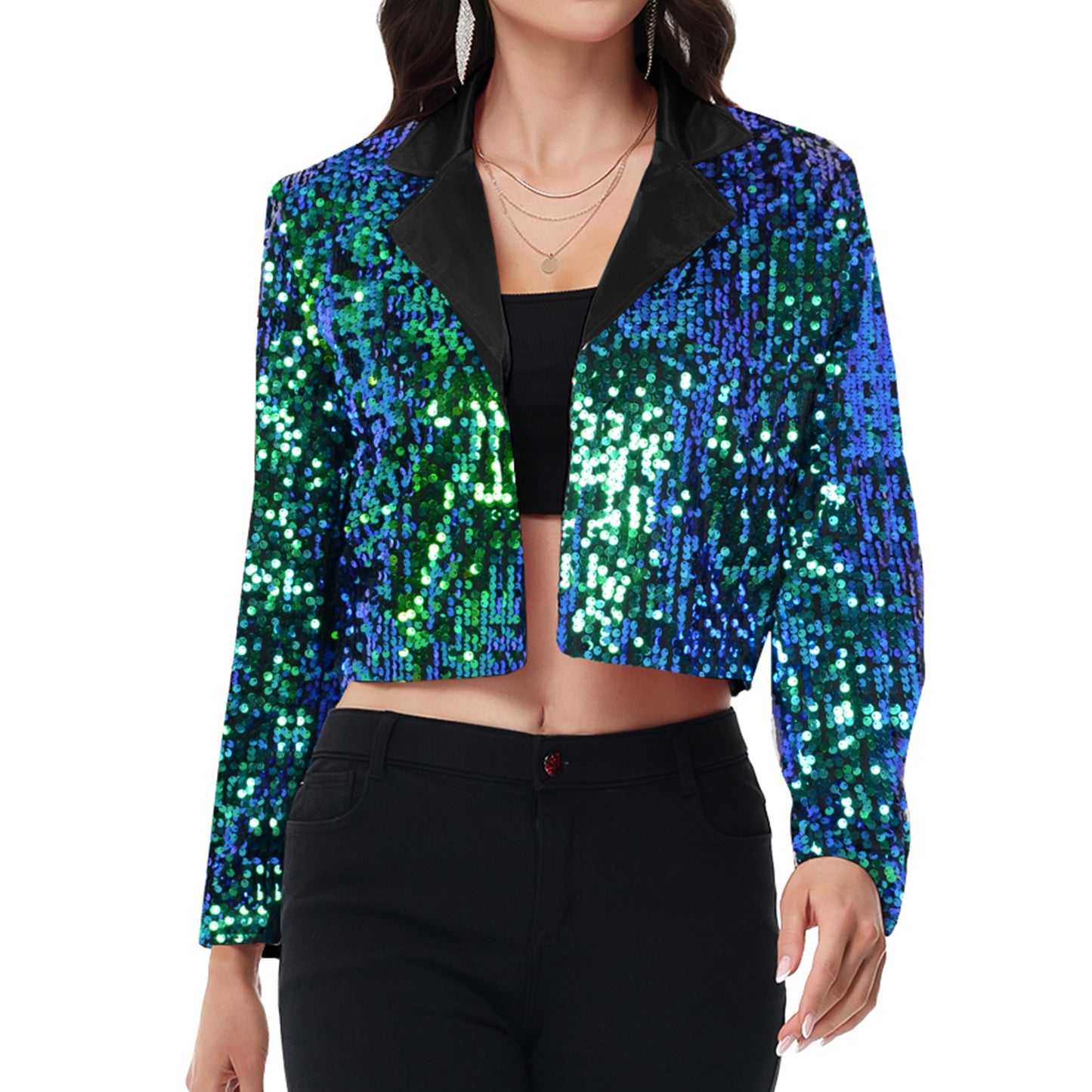 Anna-Kaci Women's Sparkly Crop Sequin Blazer Jacket Long Sleeve Party Club Cardigan Out