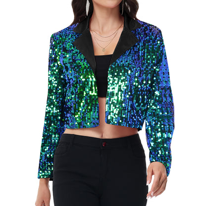 Anna-Kaci Women's Sparkly Crop Sequin Blazer Jacket Long Sleeve Party Club Cardigan Out