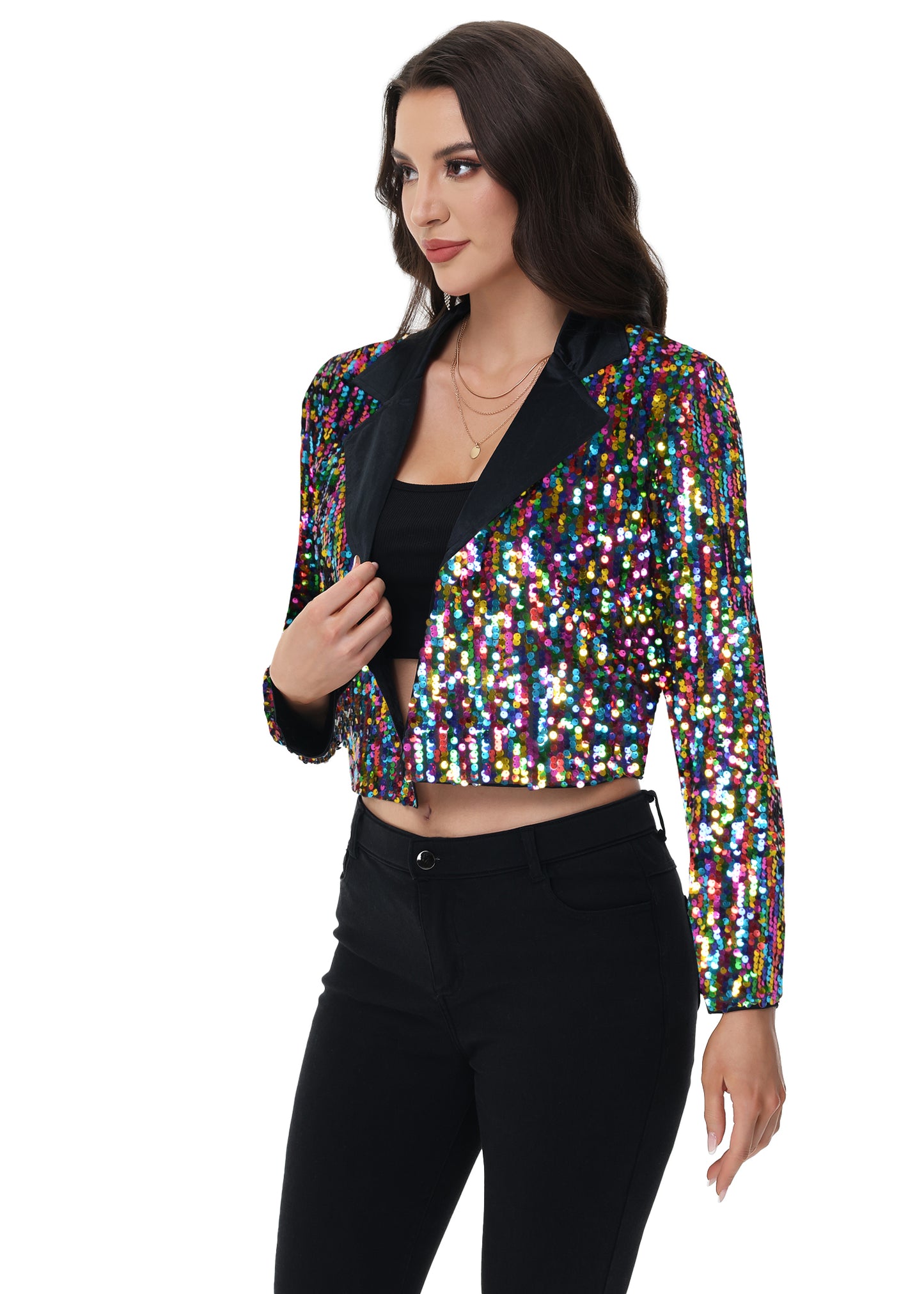 Anna-Kaci Women's Sparkly Crop Sequin Blazer Jacket Long Sleeve Party Club Cardigan Out