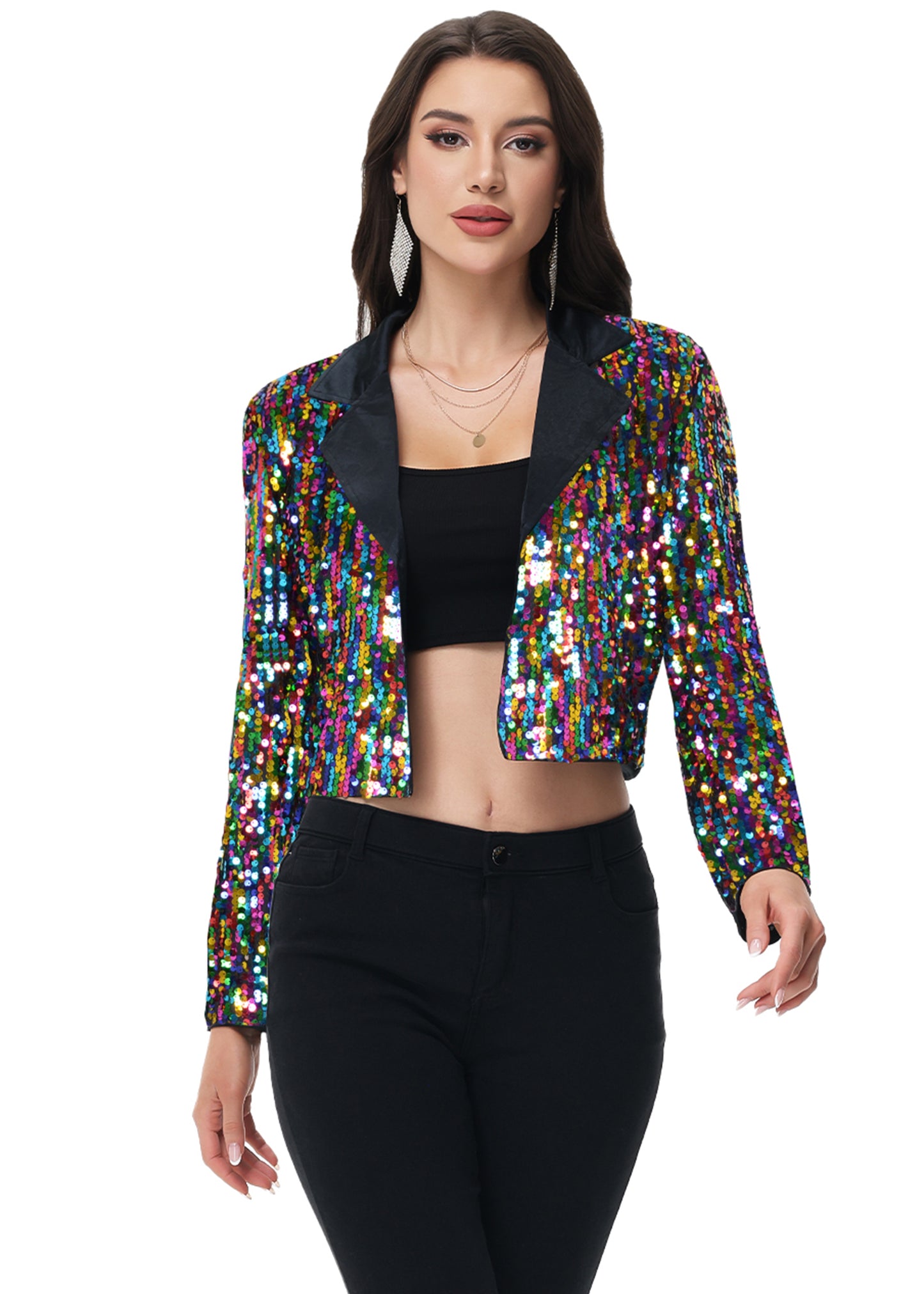 Anna-Kaci Women's Sparkly Crop Sequin Blazer Jacket Long Sleeve Party Club Cardigan Out