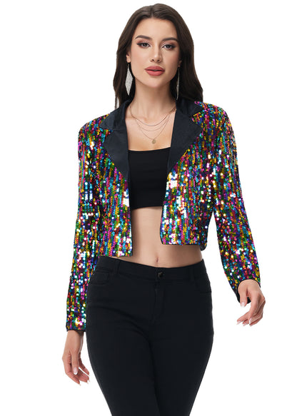 Anna-Kaci Women's Sparkly Crop Sequin Blazer Jacket Long Sleeve Party Club Cardigan Out