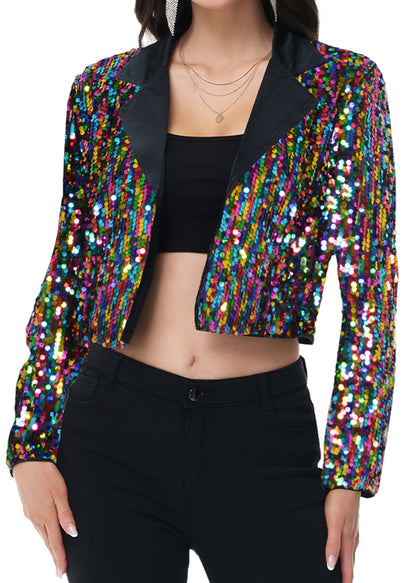 Anna-Kaci Women's Sparkly Crop Sequin Blazer Jacket Long Sleeve Party Club Cardigan Out