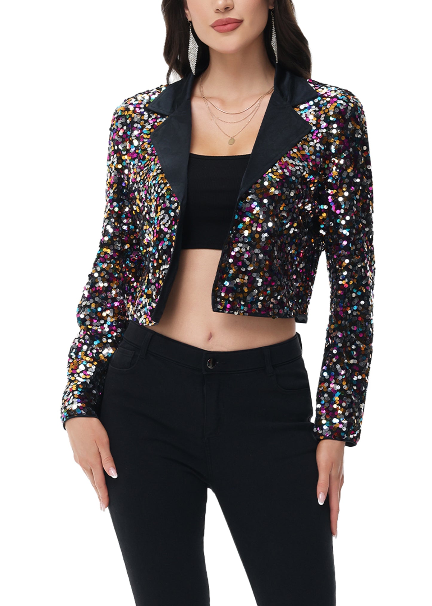 Anna-Kaci Women's Sparkly Crop Sequin Blazer Jacket Long Sleeve Party Club Cardigan Out