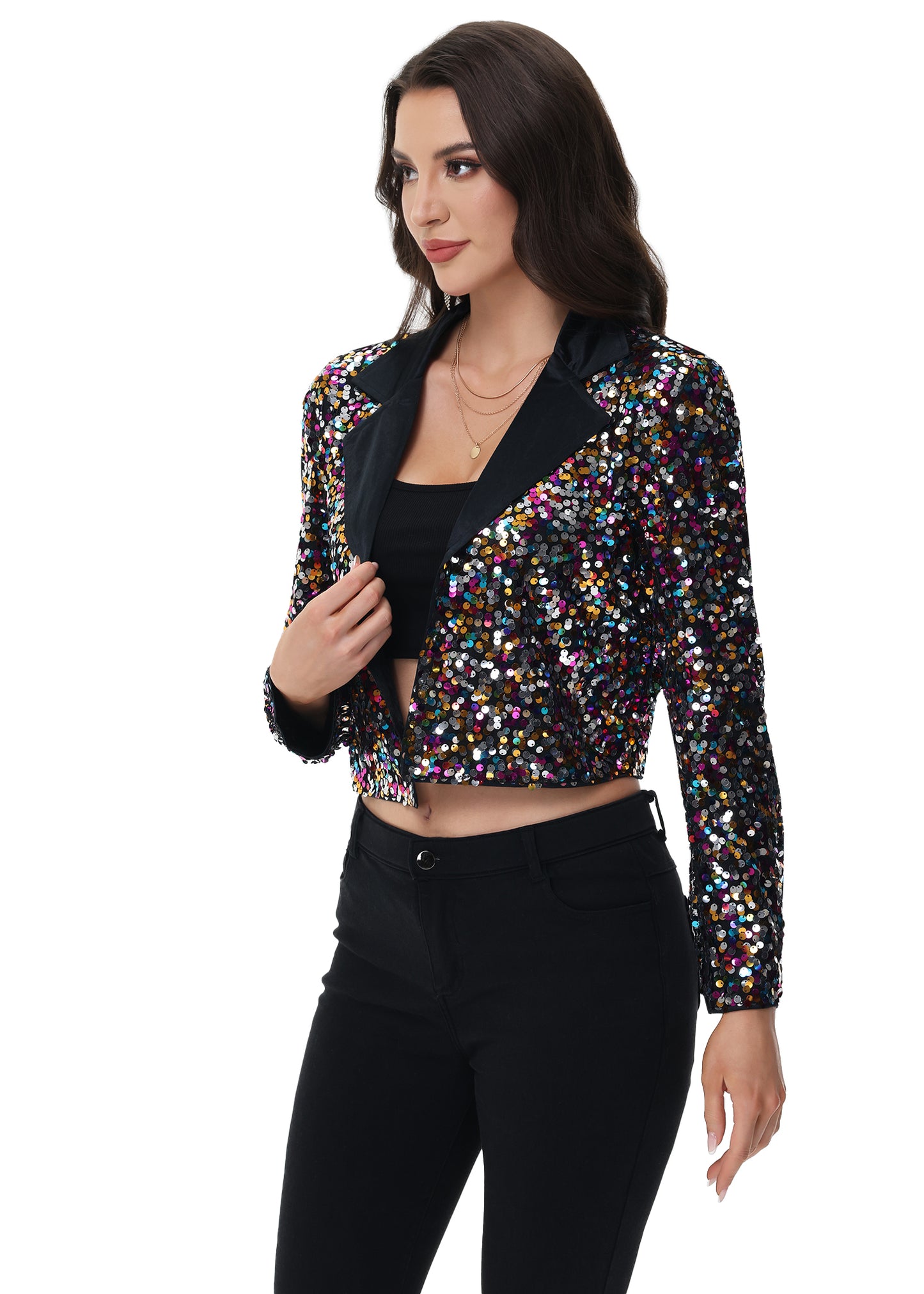 Anna-Kaci Women's Sparkly Crop Sequin Blazer Jacket Long Sleeve Party Club Cardigan Out