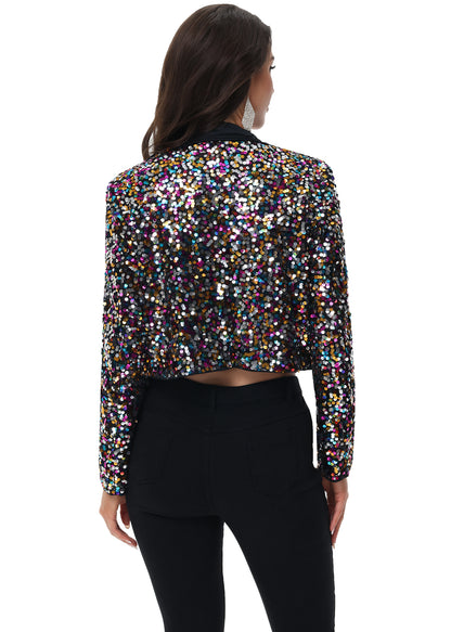 Anna-Kaci Women's Sparkly Crop Sequin Blazer Jacket Long Sleeve Party Club Cardigan Out