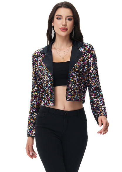 Anna-Kaci Women's Sparkly Crop Sequin Blazer Jacket Long Sleeve Party Club Cardigan Out