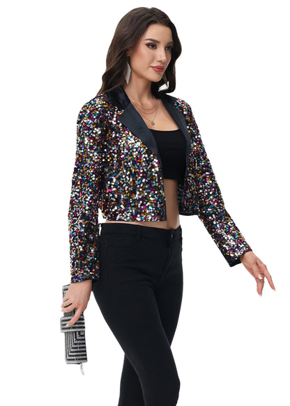 Anna-Kaci Women's Sparkly Crop Sequin Blazer Jacket Long Sleeve Party Club Cardigan Out