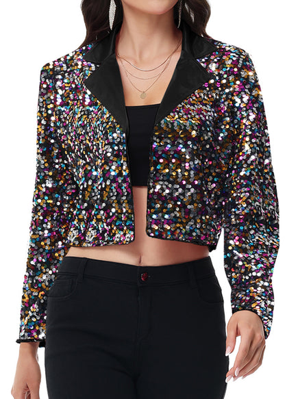 Anna-Kaci Women's Sparkly Crop Sequin Blazer Jacket Long Sleeve Party Club Cardigan Out
