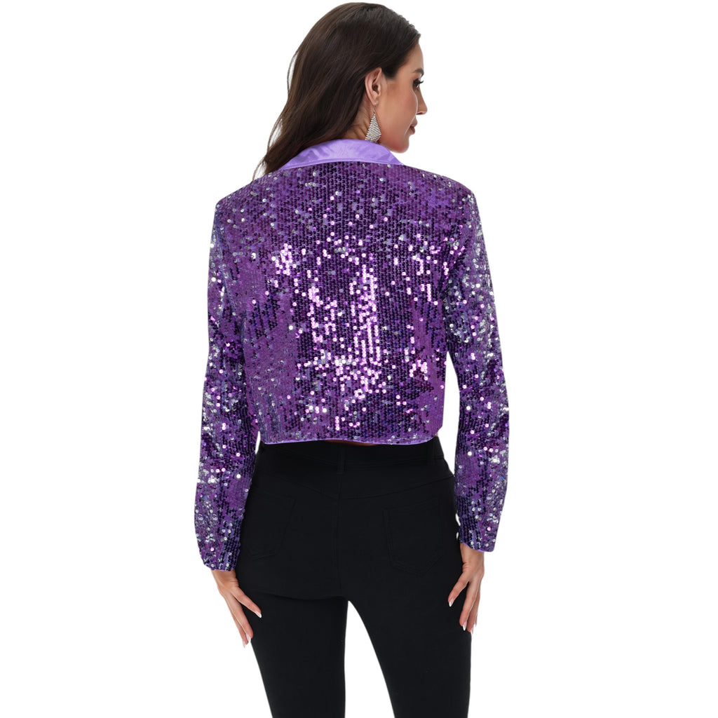 Anna-Kaci Women's Sparkly Crop Sequin Blazer Jacket Long Sleeve Party Club Cardigan Out