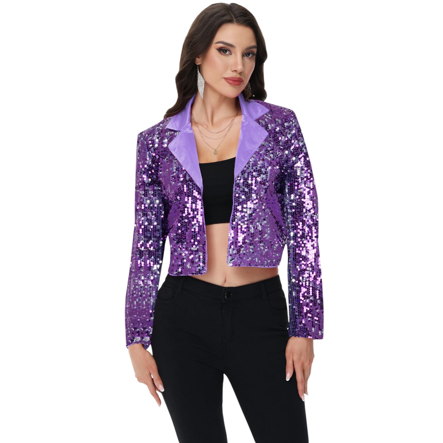 Anna-Kaci Women's Sparkly Crop Sequin Blazer Jacket Long Sleeve Party Club Cardigan Out