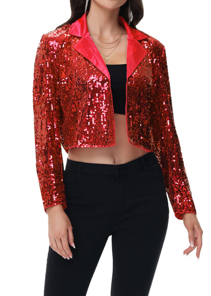 Anna-Kaci Women's Sparkly Crop Sequin Blazer Jacket Long Sleeve Party Club Cardigan Out
