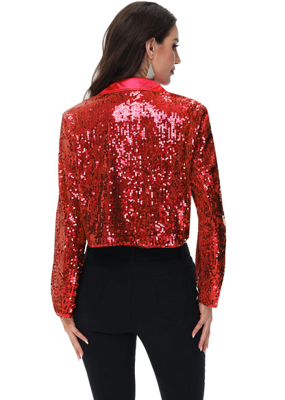 Anna-Kaci Women's Sparkly Crop Sequin Blazer Jacket Long Sleeve Party Club Cardigan Out