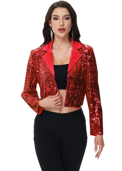 Anna-Kaci Women's Sparkly Crop Sequin Blazer Jacket Long Sleeve Party Club Cardigan Out
