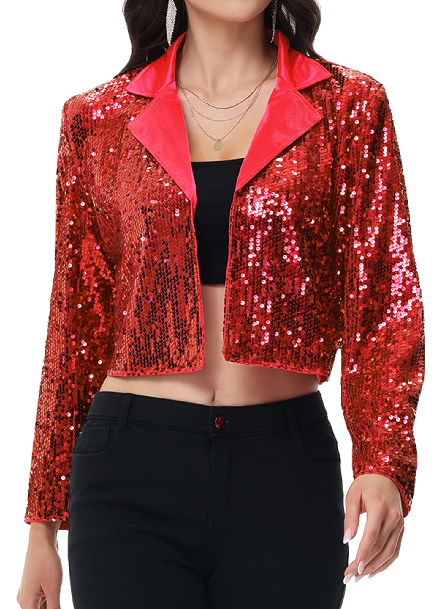 Anna-Kaci Women's Sparkly Crop Sequin Blazer Jacket Long Sleeve Party Club Cardigan Out