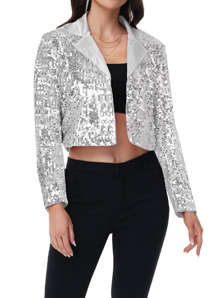 Anna-Kaci Women's Sparkly Crop Sequin Blazer Jacket Long Sleeve Party Club Cardigan Out