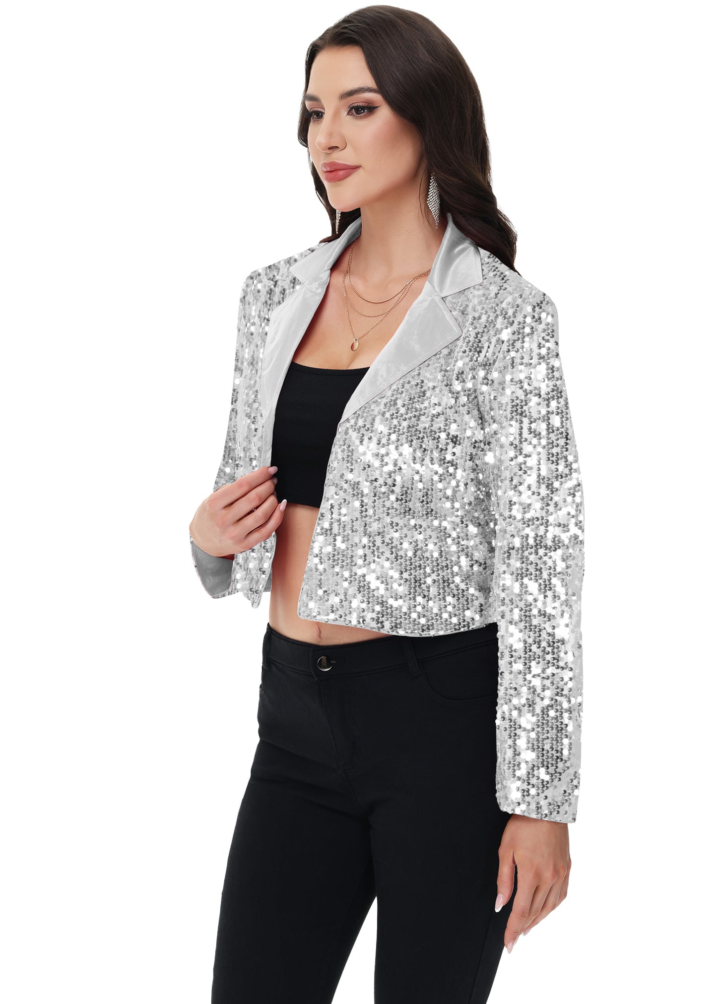 Anna-Kaci Women's Sparkly Crop Sequin Blazer Jacket Long Sleeve Party Club Cardigan Out