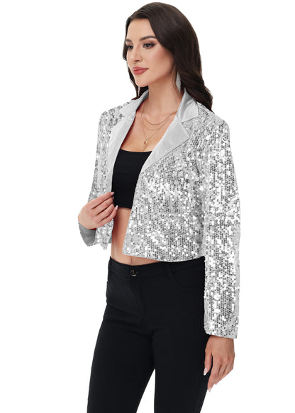 Anna-Kaci Women's Sparkly Crop Sequin Blazer Jacket Long Sleeve Party Club Cardigan Out