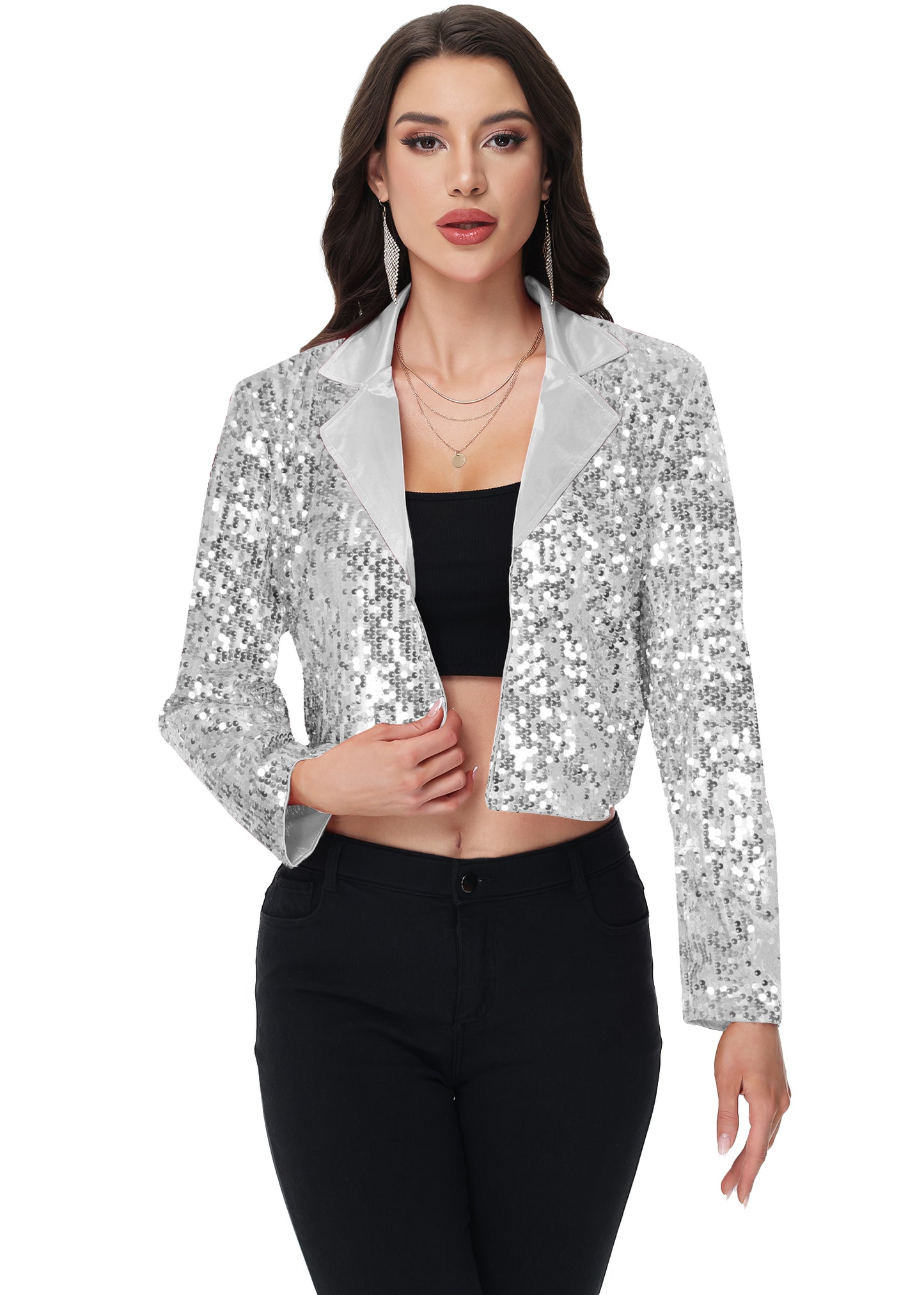 Anna-Kaci Women's Sparkly Crop Sequin Blazer Jacket Long Sleeve Party Club Cardigan Out