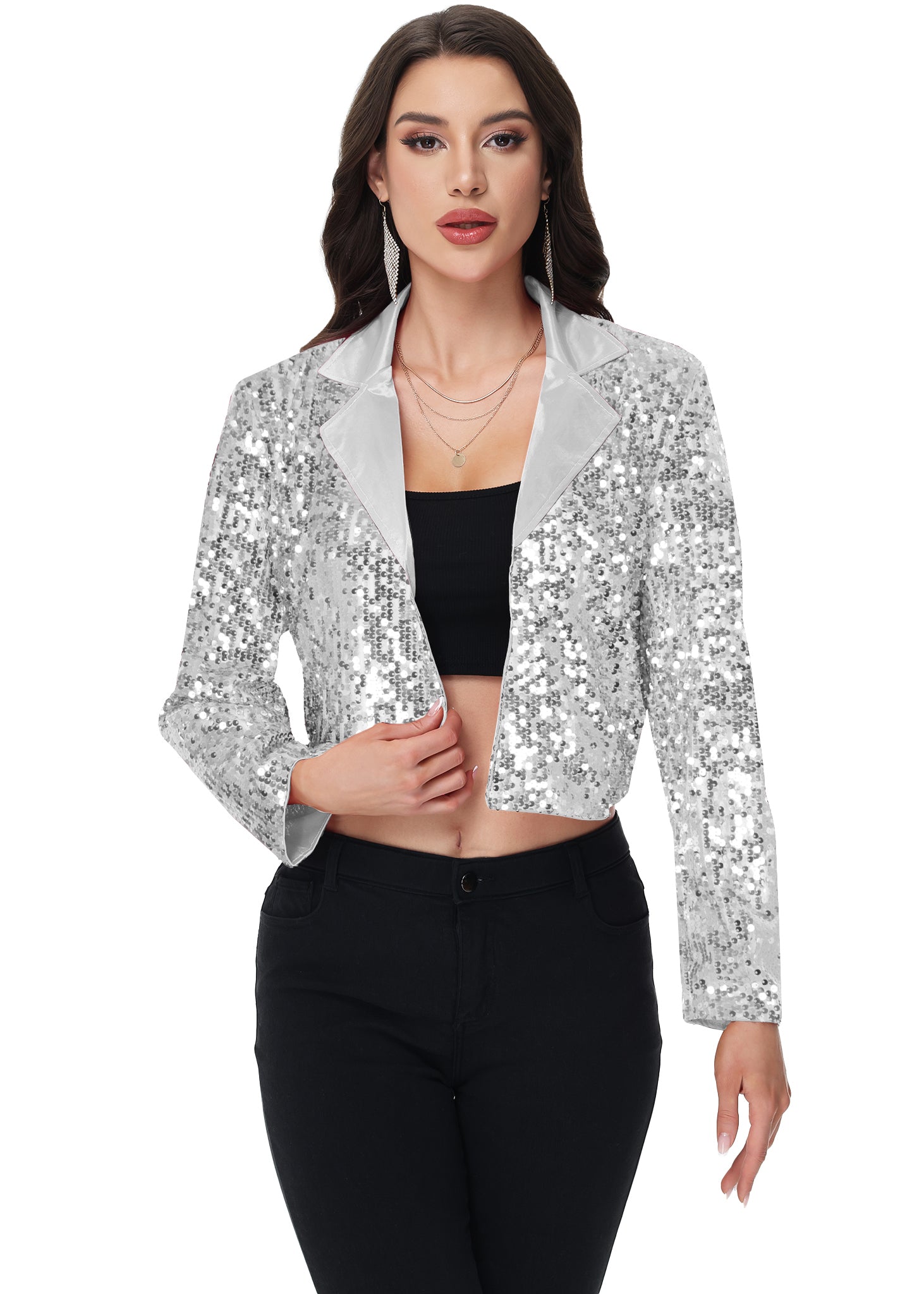 Anna-Kaci Women's Sparkly Crop Sequin Blazer Jacket Long Sleeve Party Club Cardigan Out