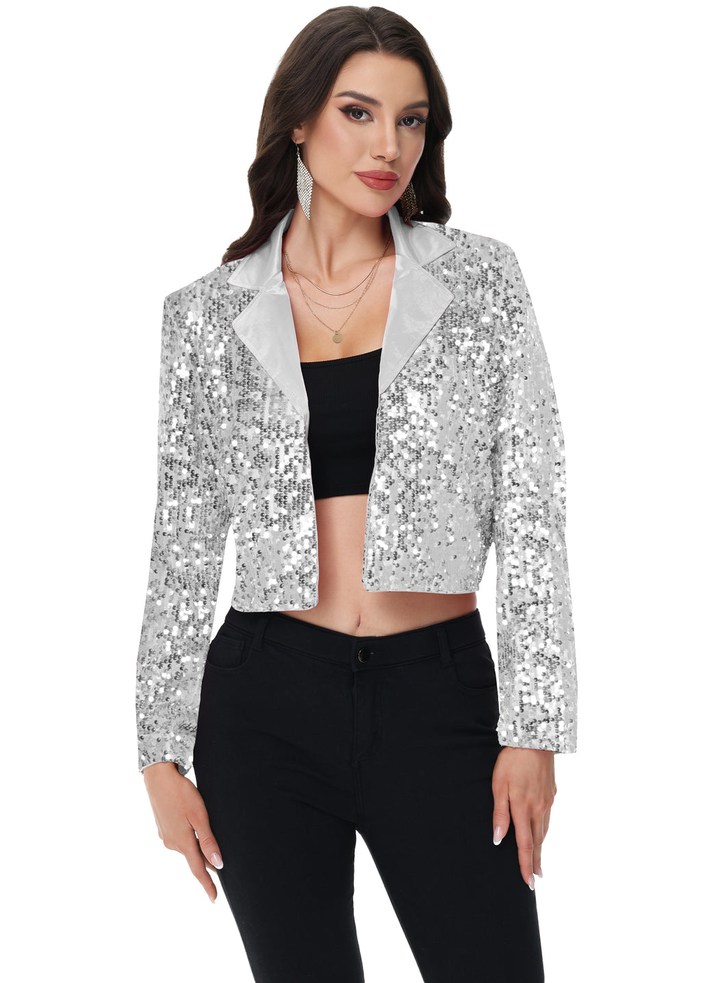 Anna-Kaci Women's Sparkly Crop Sequin Blazer Jacket Long Sleeve Party Club Cardigan Out
