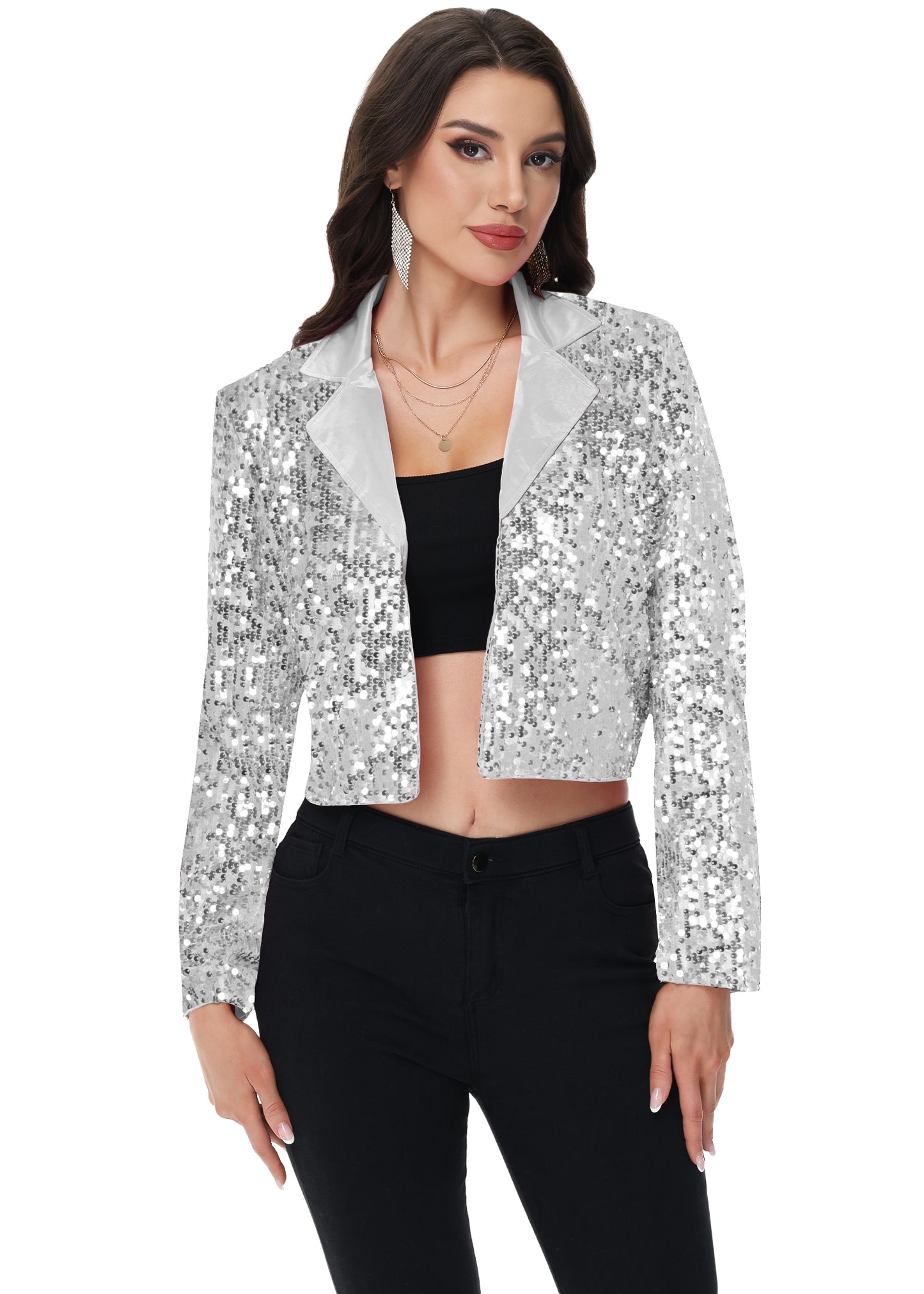 Anna-Kaci Women's Sparkly Crop Sequin Blazer Jacket Long Sleeve Party Club Cardigan Out