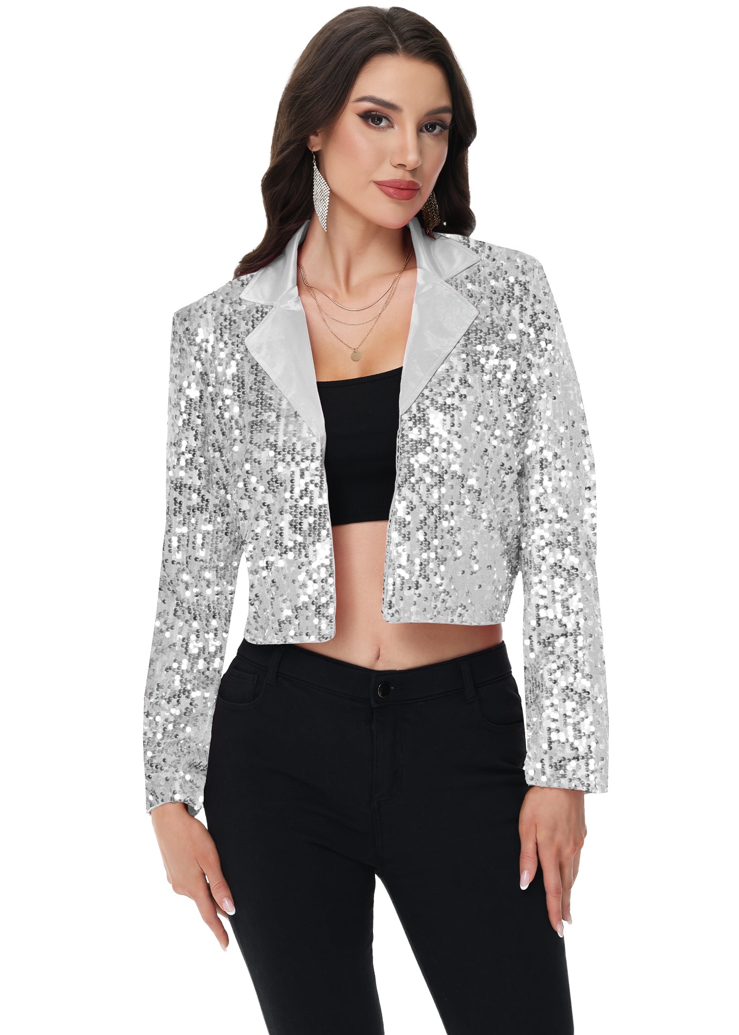 Anna-Kaci Women's Sparkly Crop Sequin Blazer Jacket Long Sleeve Party Club Cardigan Out