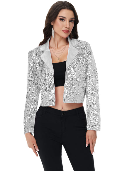Anna-Kaci Women's Sparkly Crop Sequin Blazer Jacket Long Sleeve Party Club Cardigan Out