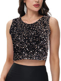 Anna-Kaci Women's Sequin Sleeveless Tops Sparkle Glitter Crew Neck Club Party Nightout Crop Tank Top