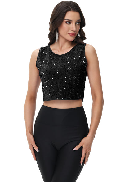 Anna-Kaci Women's Sequin Sleeveless Tops Sparkle Glitter Crew Neck Club Party Nightout Crop Tank Top