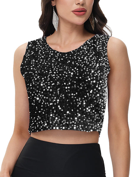 Anna-Kaci Women's Sequin Sleeveless Tops Sparkle Glitter Crew Neck Club Party Nightout Crop Tank Top