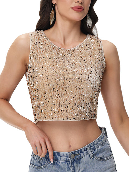 Anna-Kaci Women's Sequin Sleeveless Tops Sparkle Glitter Crew Neck Club Party Nightout Crop Tank Top