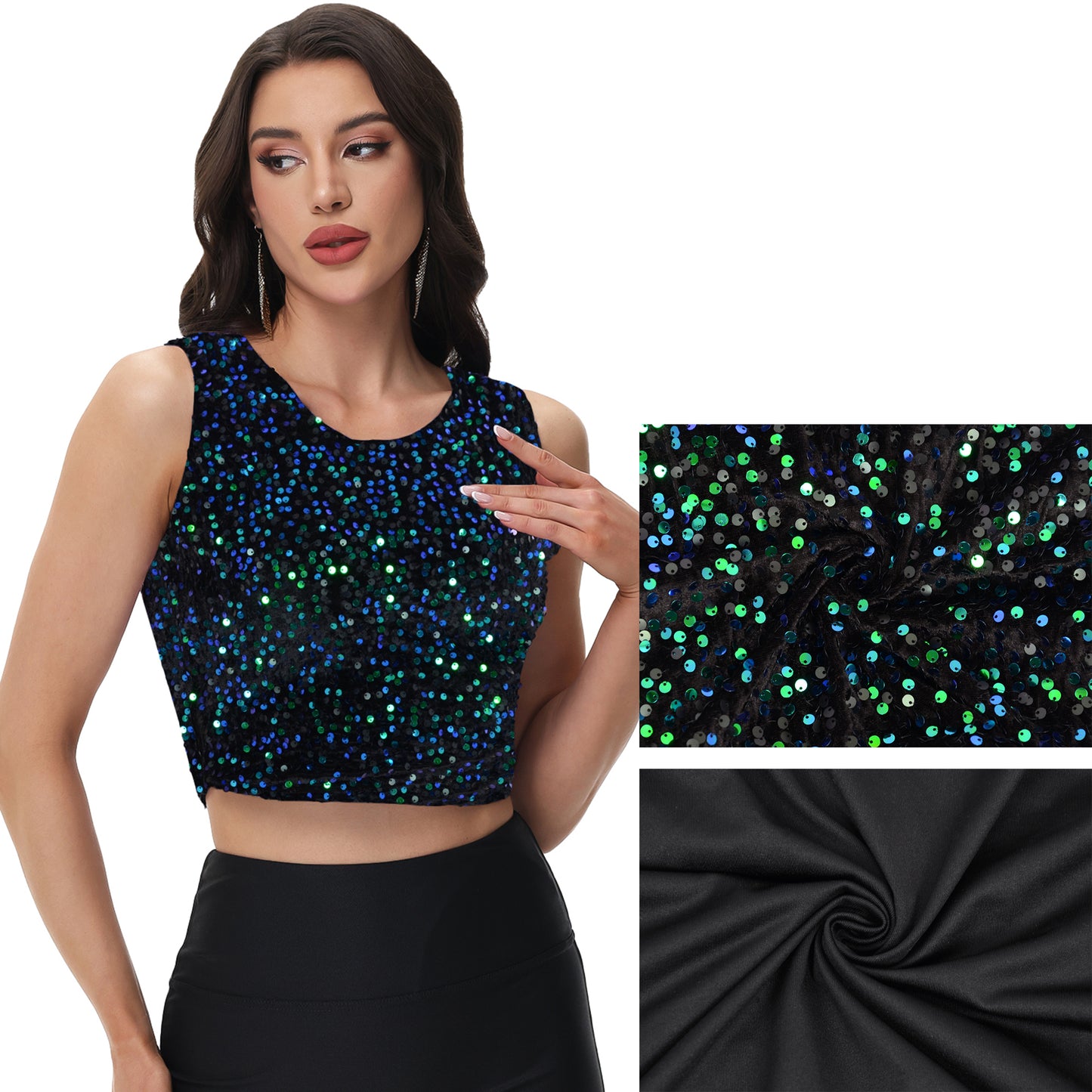 Anna-Kaci Women's Sequin Sleeveless Tops Sparkle Glitter Crew Neck Club Party Nightout Crop Tank Top