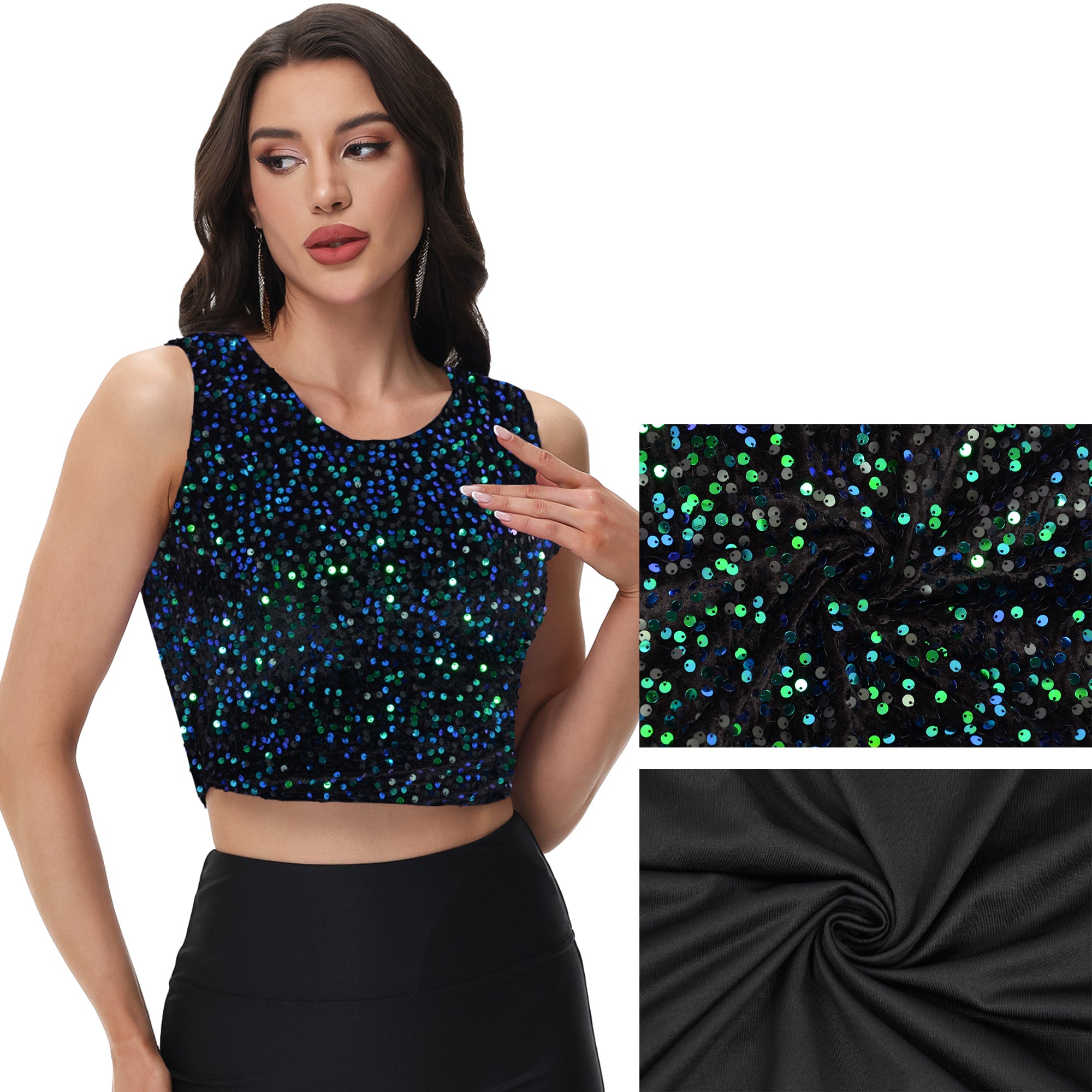 Anna-Kaci Women's Sequin Sleeveless Tops Sparkle Glitter Crew Neck Club Party Nightout Crop Tank Top