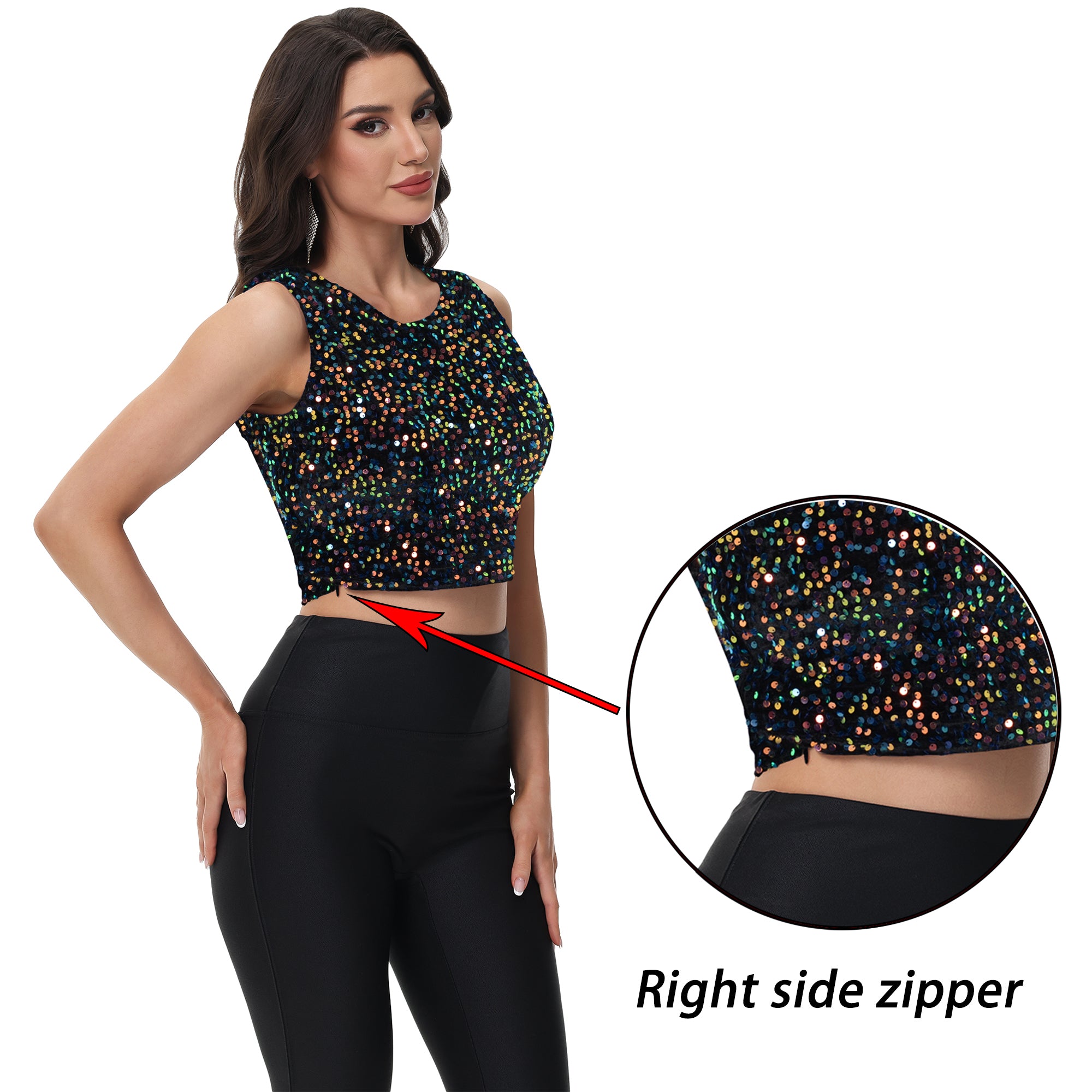 Anna-Kaci Women's Sequin Sleeveless Tops Sparkle Glitter Crew Neck Club Party Nightout Crop Tank Top