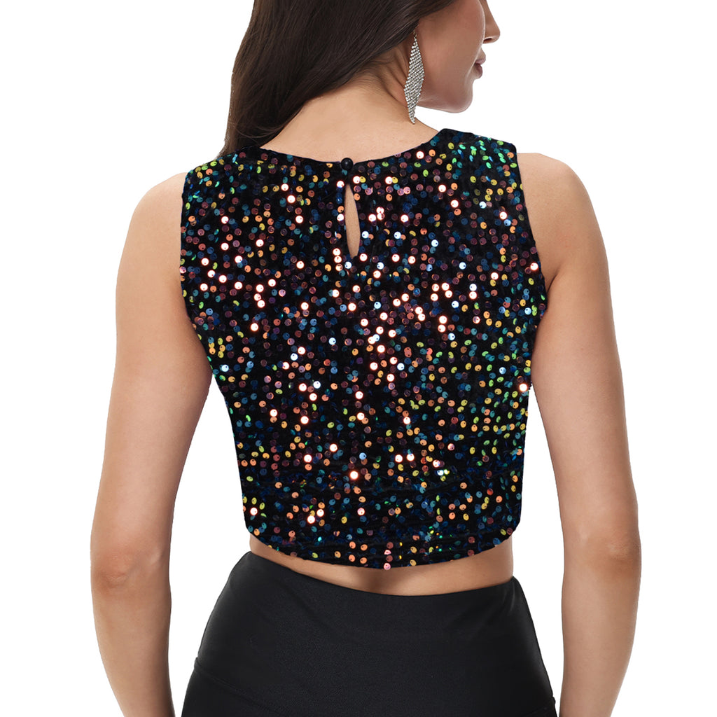 Anna-Kaci Women's Sequin Sleeveless Tops Sparkle Glitter Crew Neck Club Party Nightout Crop Tank Top