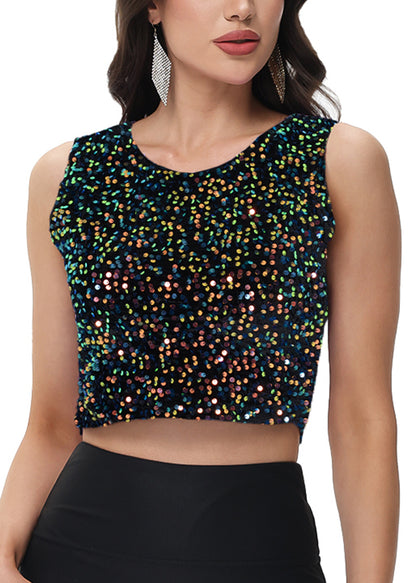 Anna-Kaci Women's Sequin Sleeveless Tops Sparkle Glitter Crew Neck Club Party Nightout Crop Tank Top