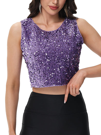 Anna-Kaci Women's Sequin Sleeveless Tops Sparkle Glitter Crew Neck Club Party Nightout Crop Tank Top