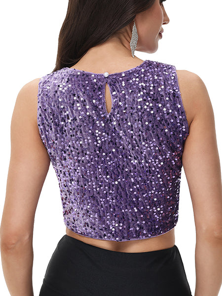 Anna-Kaci Women's Sequin Sleeveless Tops Sparkle Glitter Crew Neck Club Party Nightout Crop Tank Top